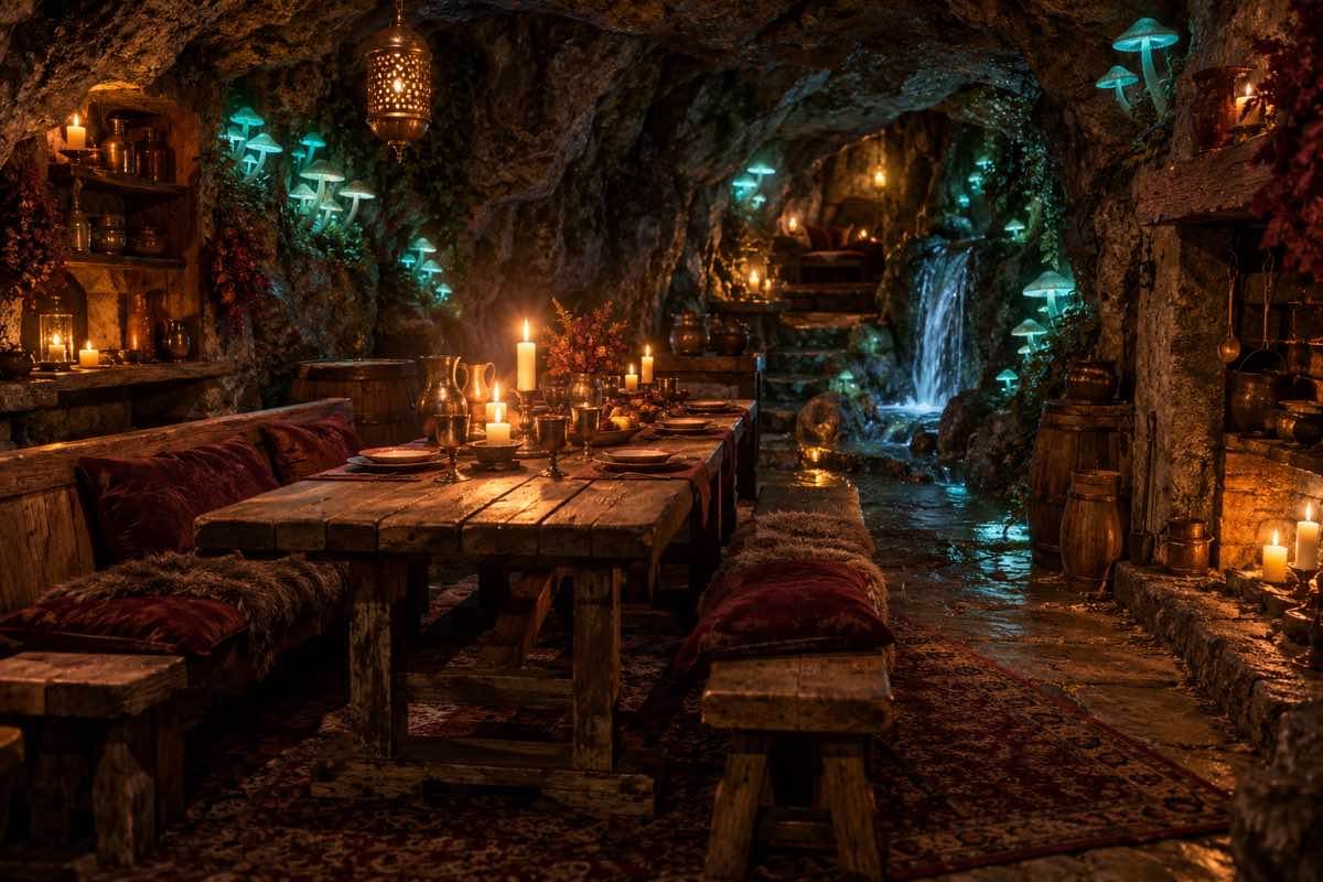 Tables and glowing mushrooms beneath low cave arches