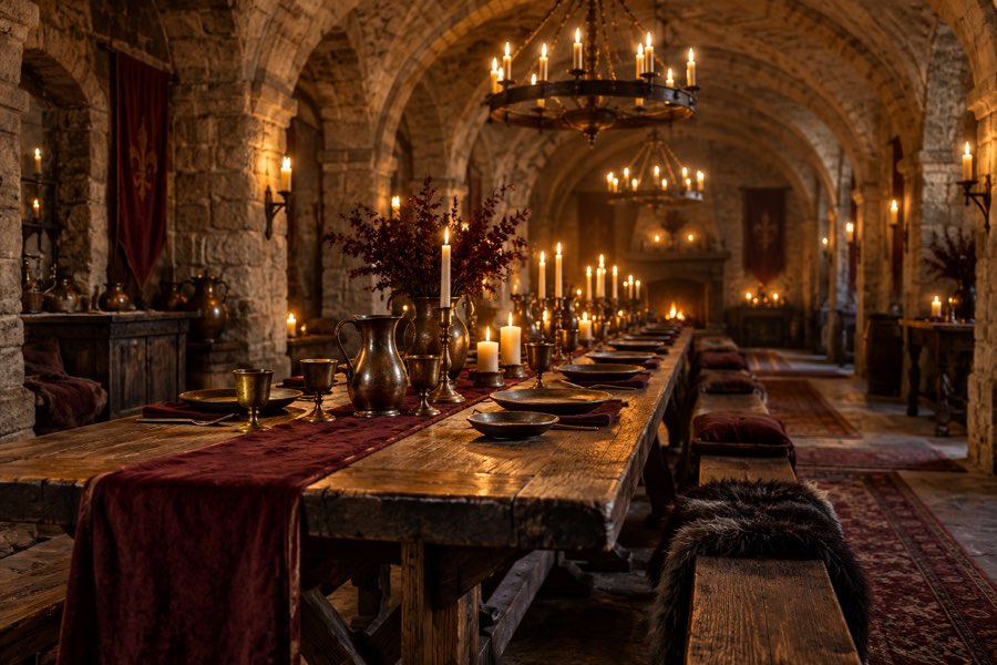 Long banquet table beneath stone vaults