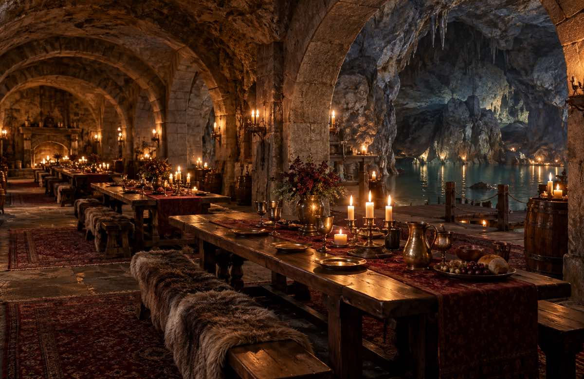 Long tables under rock arches beside the cave lake