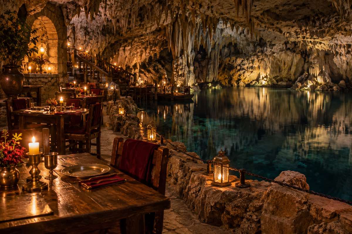 Tables beside a blue underground lake