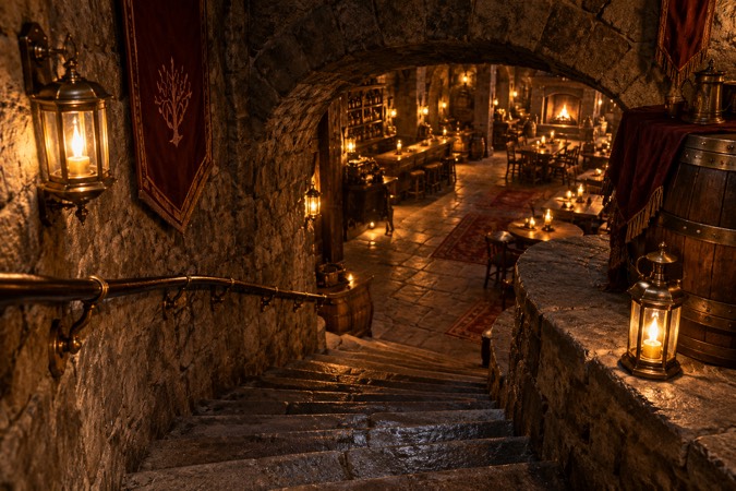 Stone stairs descending beneath warm lanterns