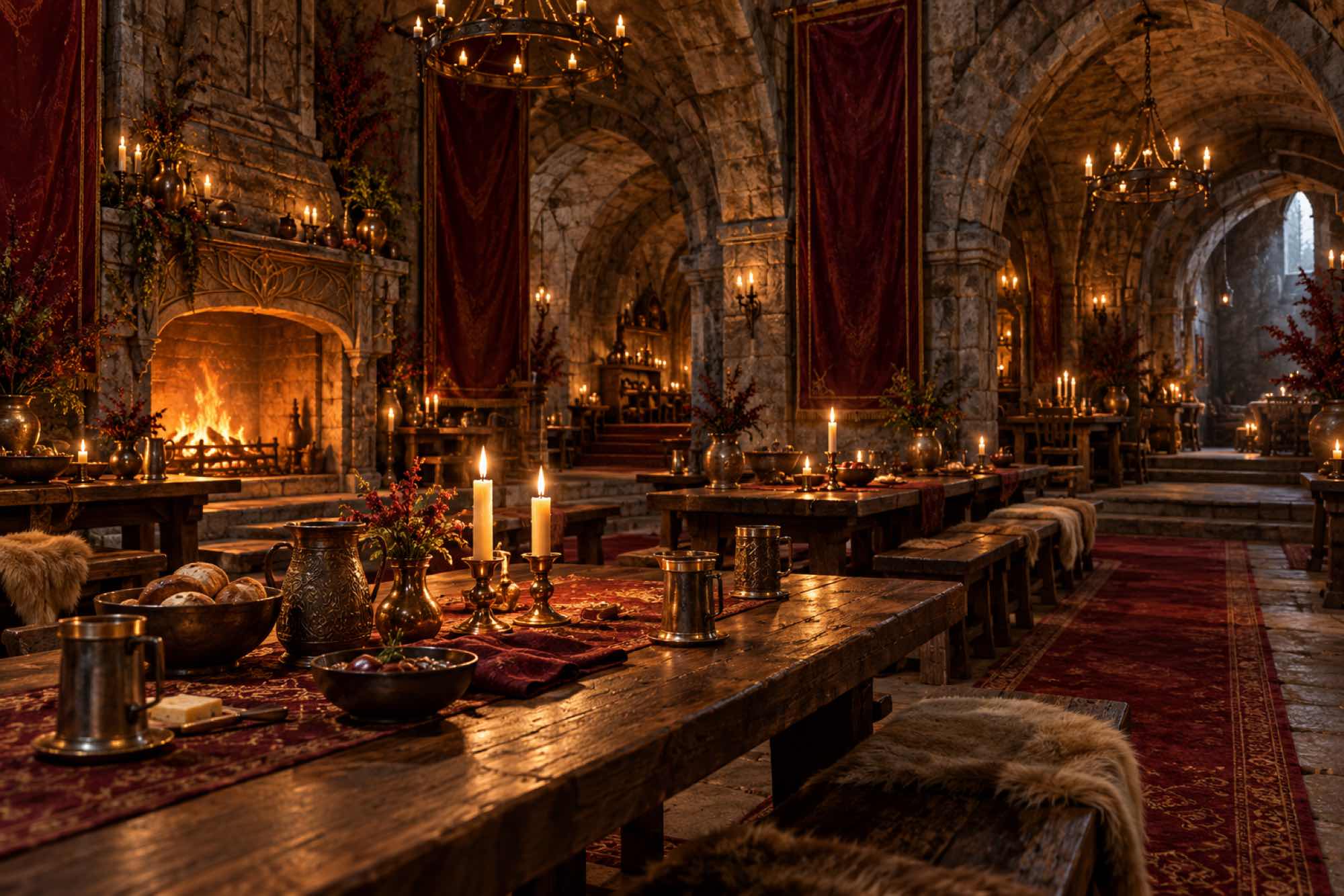 Candlelit stone tavern hall with oak tables and red tapestry