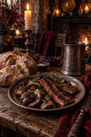 Roasted dungeon fare, bread and a tankard on a candlelit table