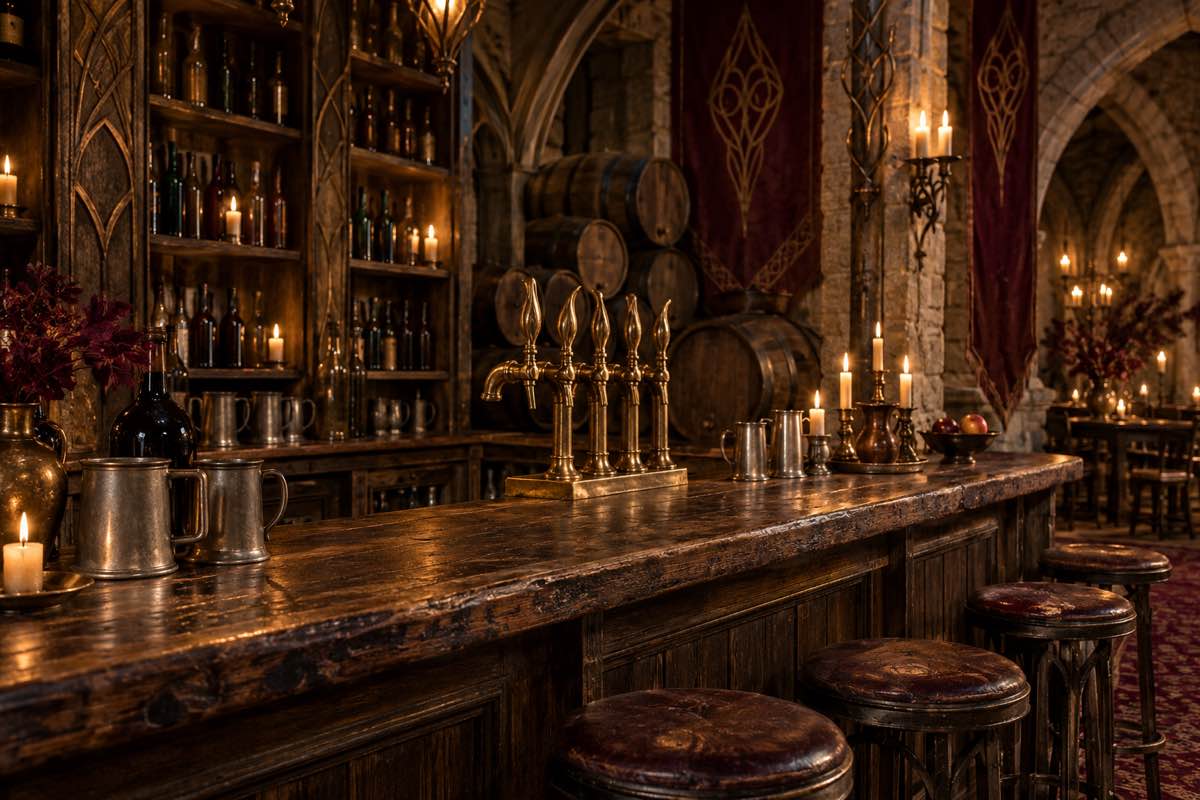 Oak bar with tankards and unlabelled bottles