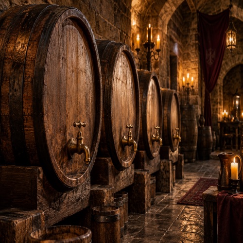 Wooden casks and pewter tankards in the tavern cellar