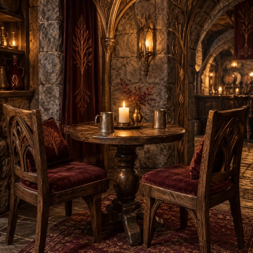 A small wooden table with two chairs under a stone arch