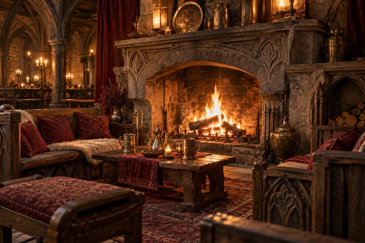 Stone hearth with chairs and candlelight