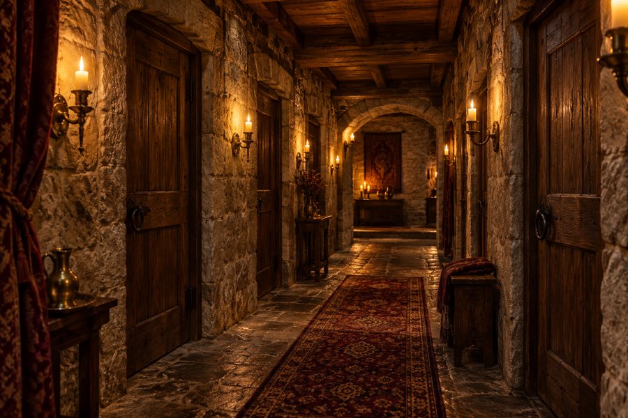 Lantern-lit stone corridor leading to the chambers