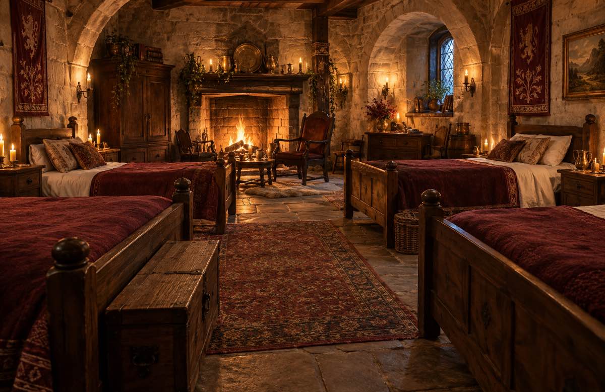 Four beds and warm candlelight in the shared chamber