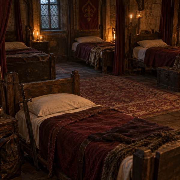 One bed, shared room. One bed in a room of four. Three strangers. Bring a weapon.